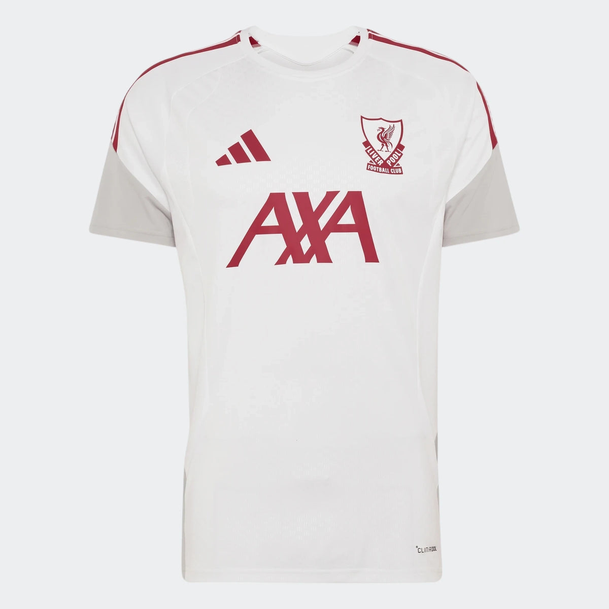 White Liverpool FC 26/27 Cup Tiro training jersey with red Adidas, Liverpool crest, and AXA logos, made from a performance