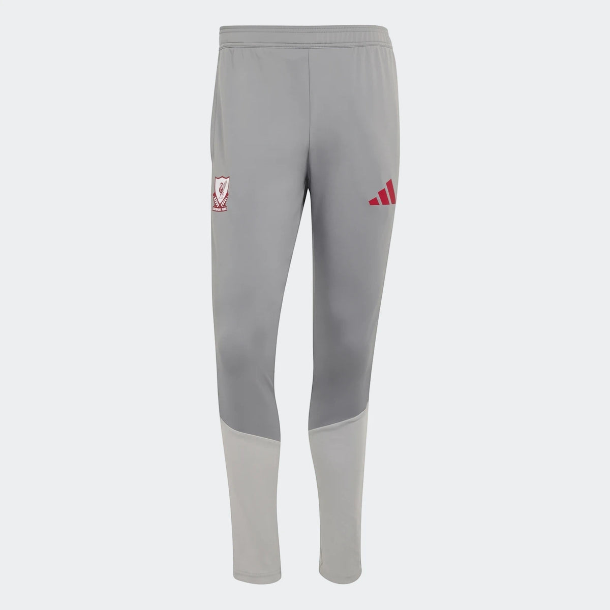 Grey Adidas Liverpool FC 26/27 Cup Tiro Training Pants for men, featuring red Adidas logo and club crest on a smooth