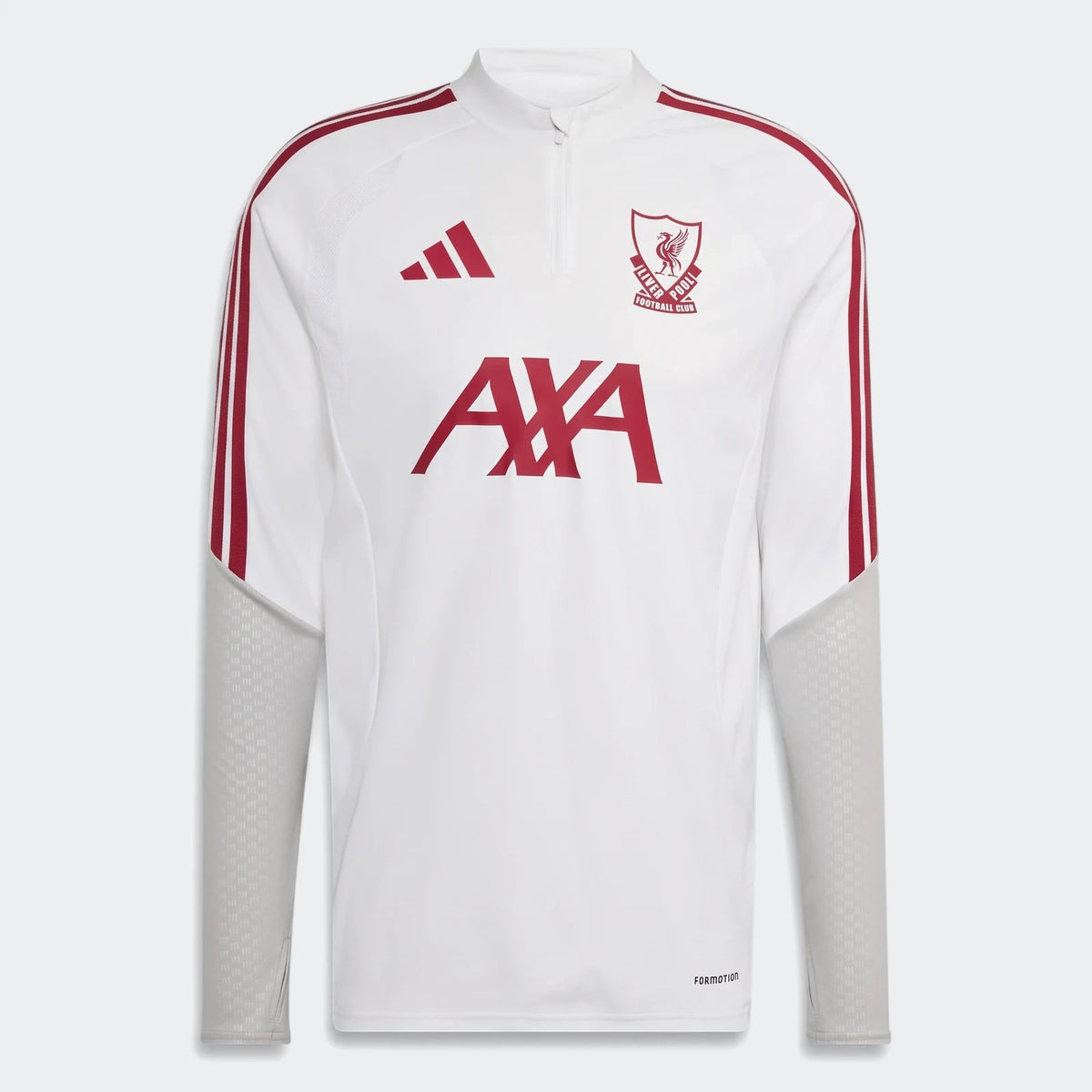 Liverpool FC 26/27 Cup Tiro Training Top in white with red stripes and logos, shown from the front.