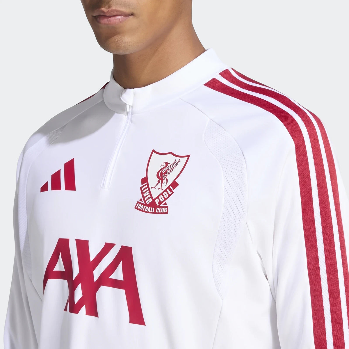 Men's Liverpool FC 26/27 Cup Tiro Training Top in white and red, featuring club crest and Adidas branding, shown in a
