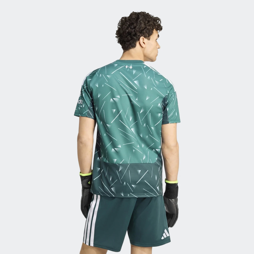 Liverpool FC 26/27 goalkeeper jersey in teal green with geometric print, shown from the back with short sleeves