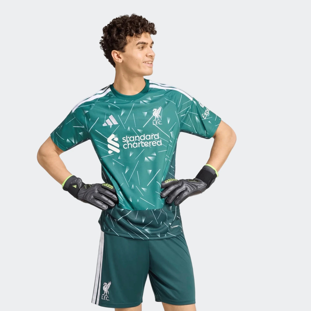 Liverpool FC 26/27 goalkeeper jersey in teal green with geometric print, short sleeves and club crest, front view
