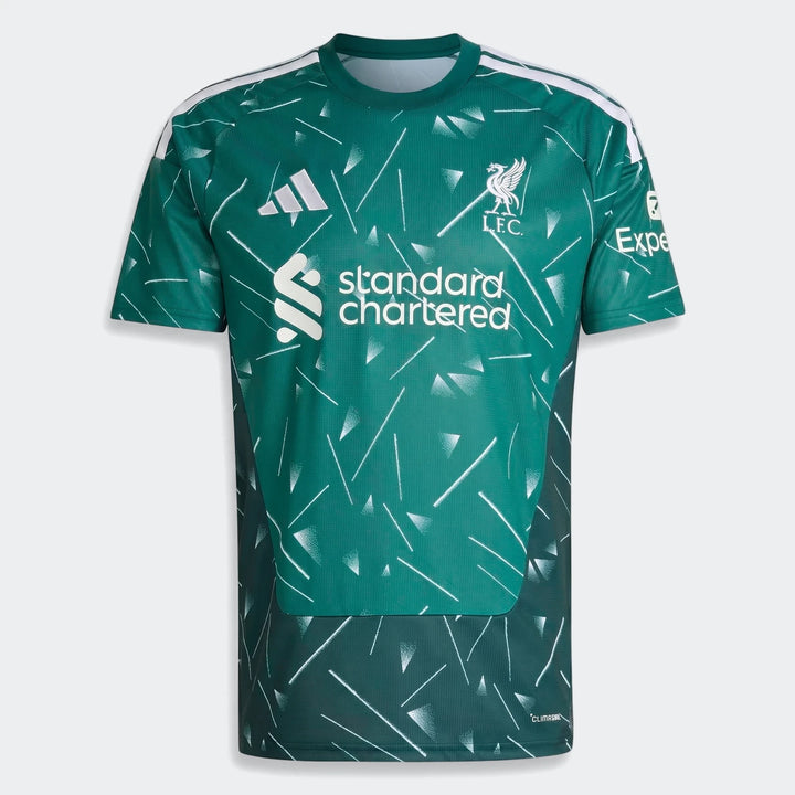 Liverpool FC 26/27 goalkeeper jersey in teal green, short-sleeve front view with geometric print and LFC crest.