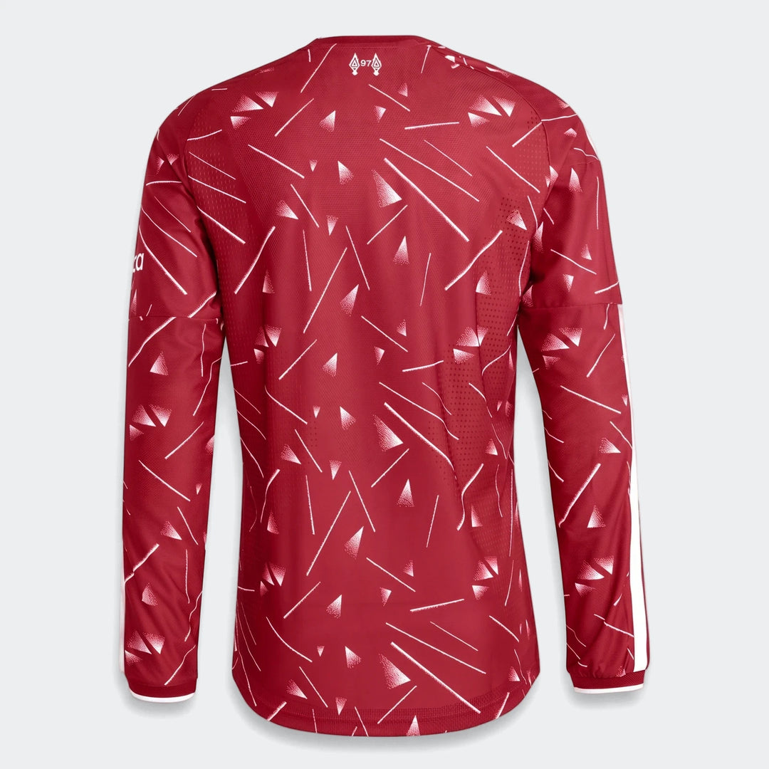 Liverpool FC 26/27 Home Authentic long sleeve jersey, back view in red with white geometric print and sleeve stripes.