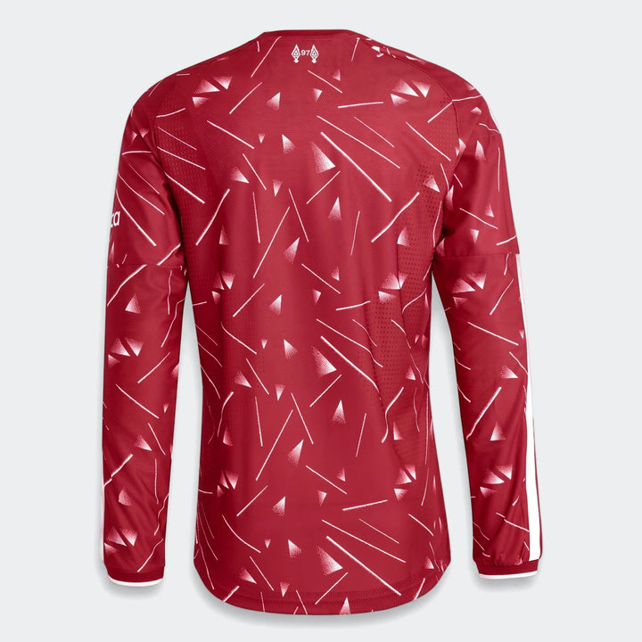 Liverpool FC 26/27 Home Authentic long sleeve jersey, back view in red with white geometric print and sleeve stripes.