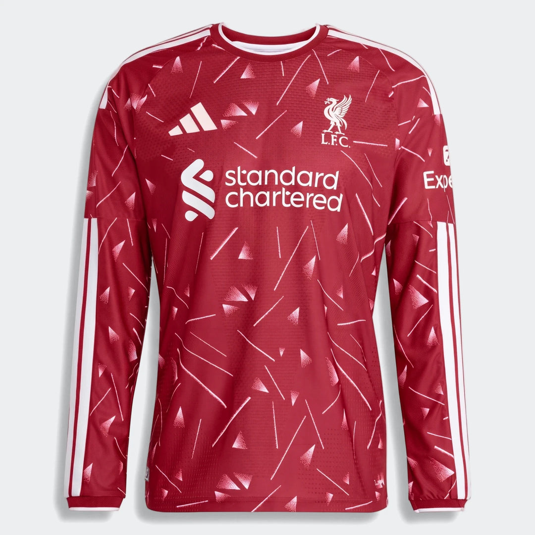 Liverpool FC 26/27 home authentic long sleeve jersey in red with white LFC crest and geometric print, front view.