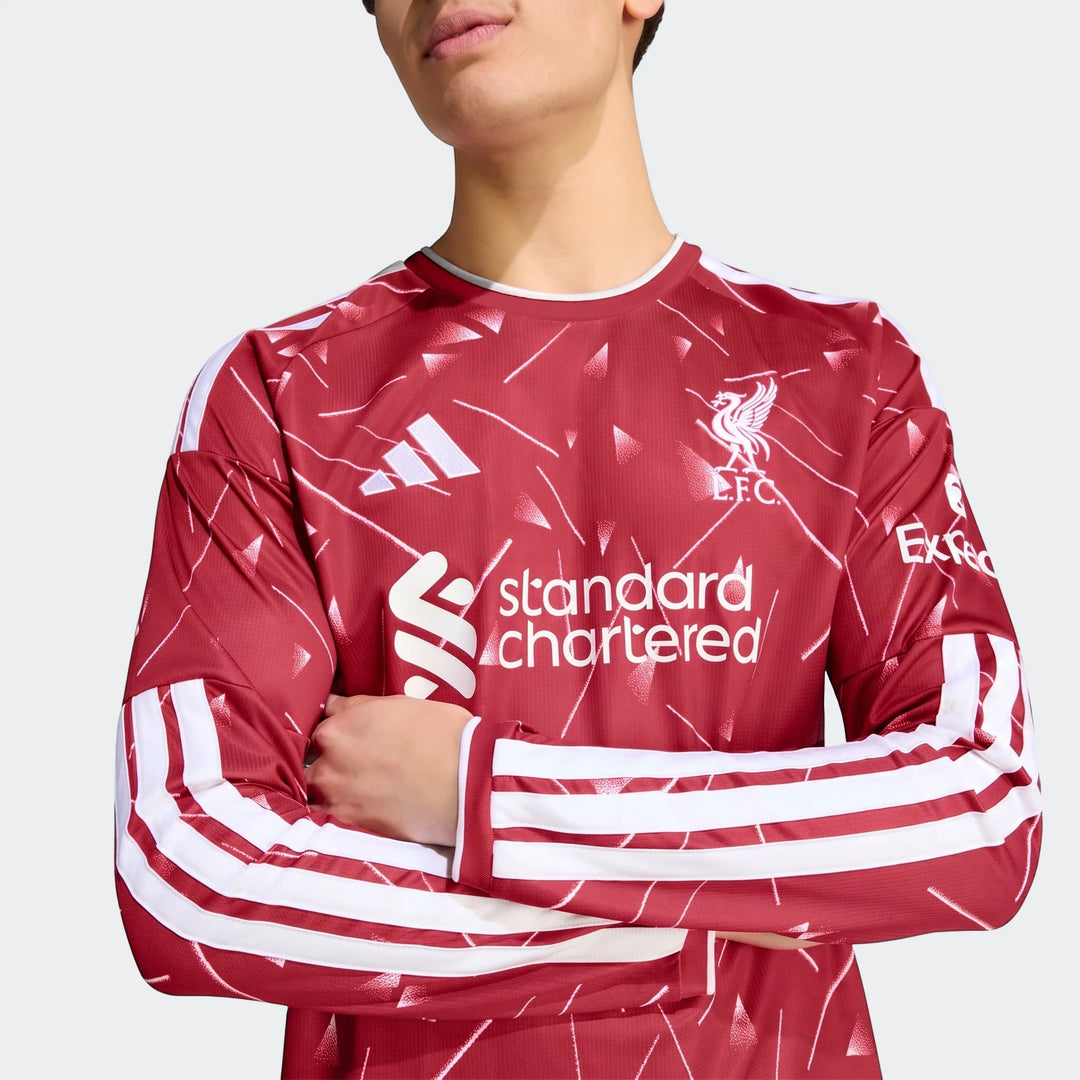 Men's Liverpool FC 26/27 Home Jersey Long Sleeve with white geometric pattern, Adidas stripes, and sponsor logos on a model