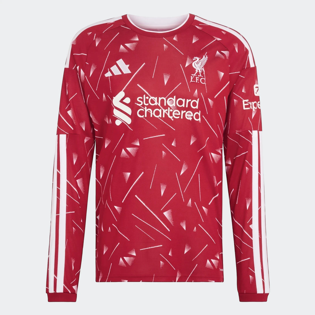 Liverpool FC 26/27 Home Long Sleeve Jersey in red with white geometric patterns, Adidas logo, and LFC crest, front view.