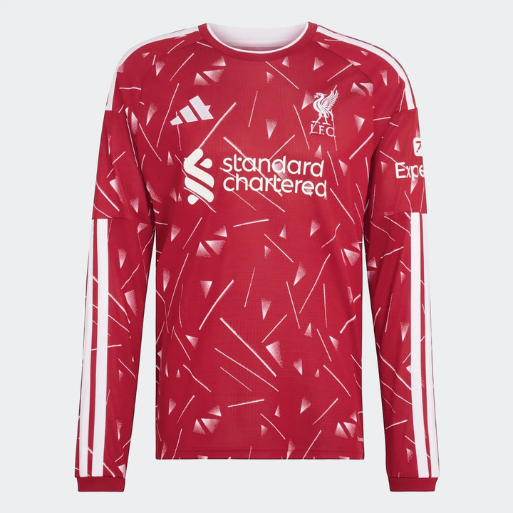 Liverpool FC 26/27 Home Long Sleeve Jersey in red with white geometric patterns, Adidas logo, and LFC crest, front view.