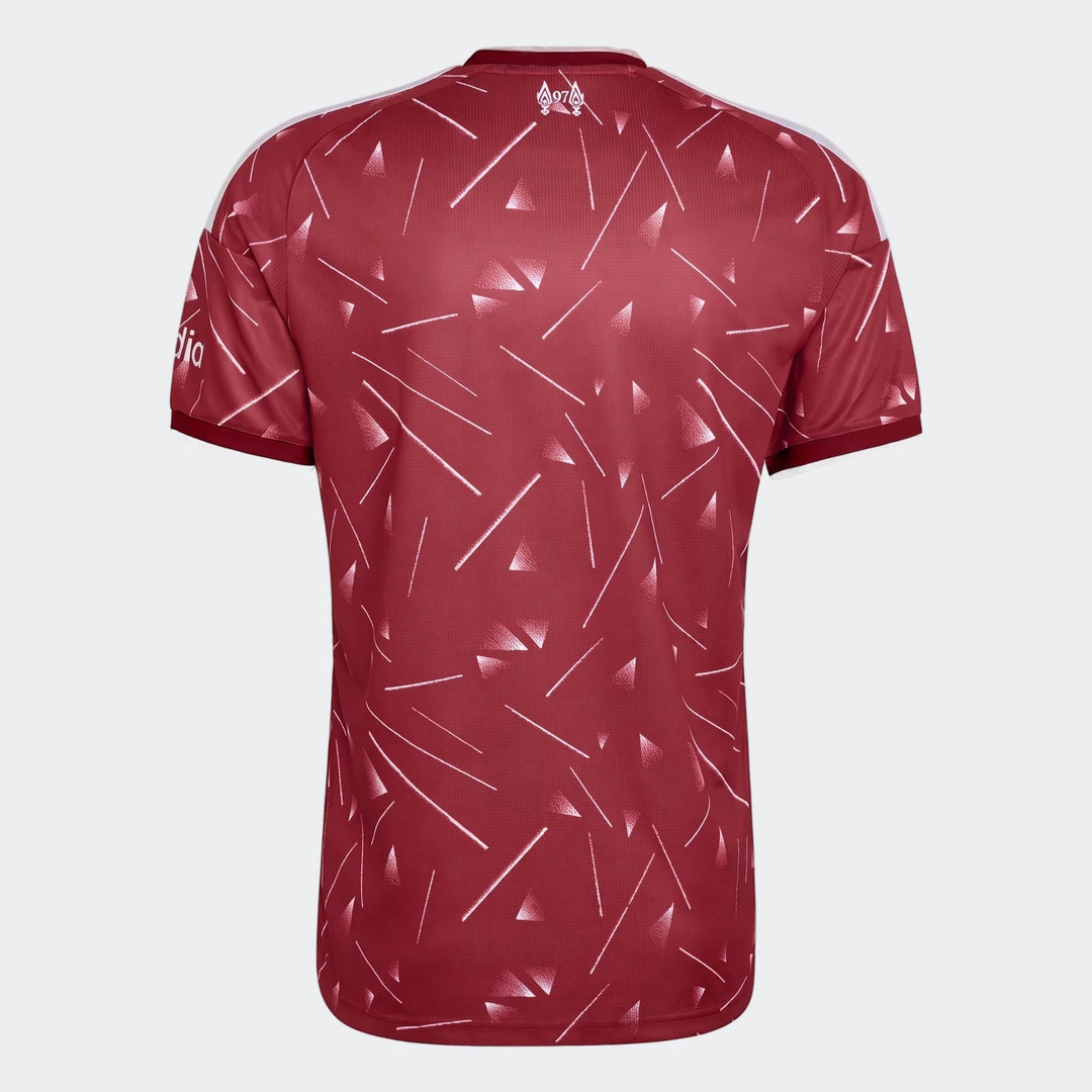 Liverpool FC 26/27 Home Jersey shown from the back in red with white geometric print and short sleeves.