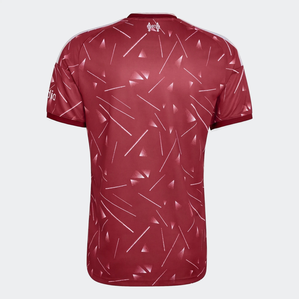 Liverpool FC 26/27 Home Jersey shown from the back in red with white geometric print and short sleeves.