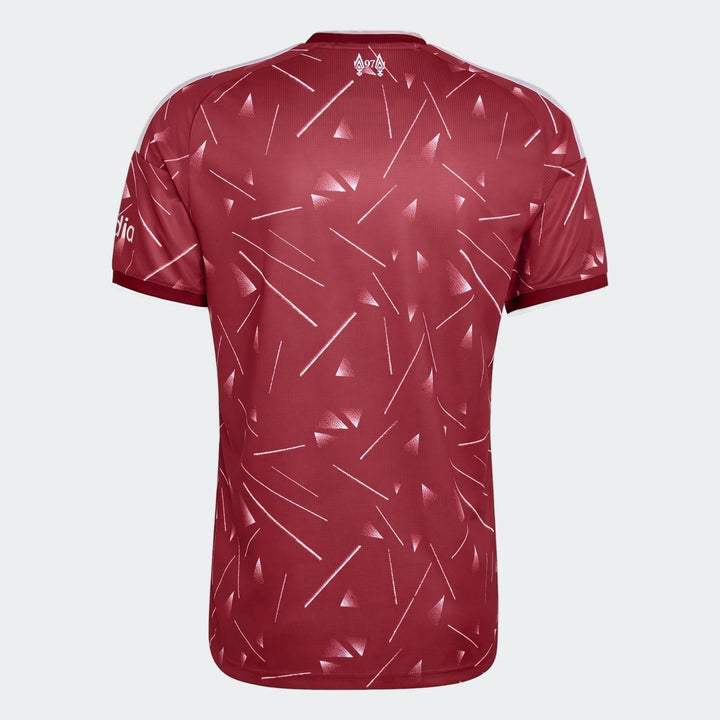 Liverpool FC 26/27 Home Jersey shown from the back in red with white geometric print and short sleeves.