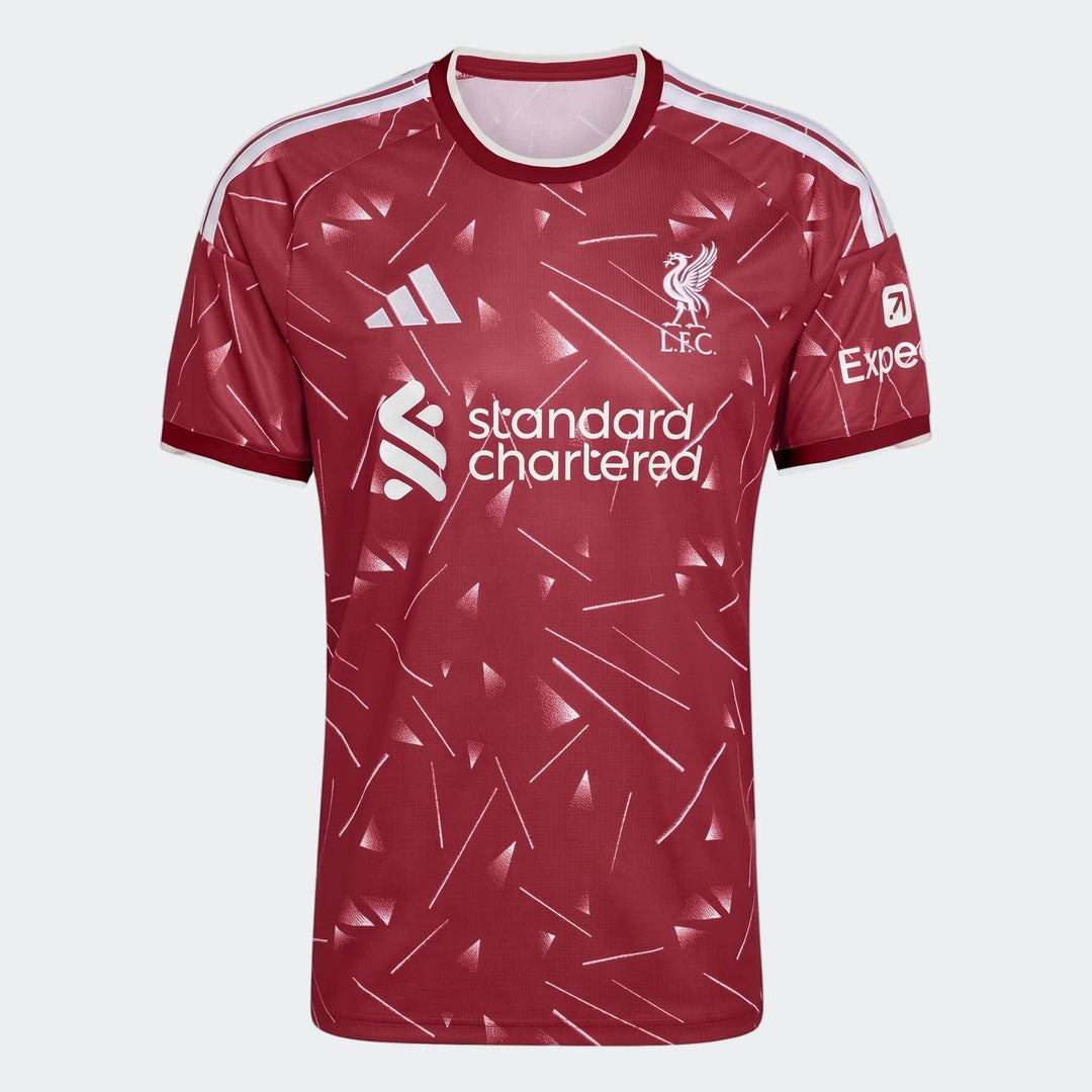 Liverpool FC 26/27 Home Jersey in deep red, short-sleeve crew neck, front view with white geometric pattern and crest.