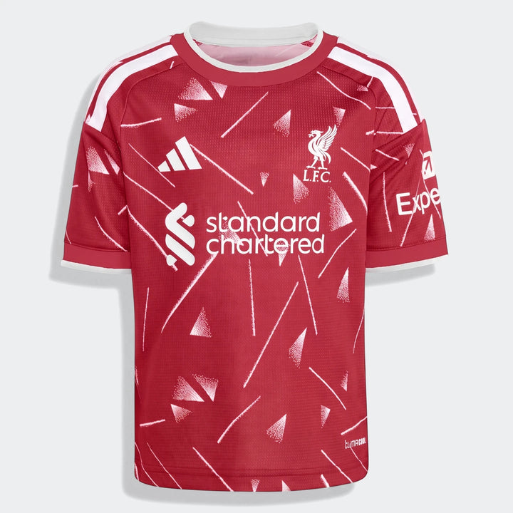 A red Liverpool FC 26/27 home kids' set jersey with white geometric patterns and sponsor logos, displayed front-on.
