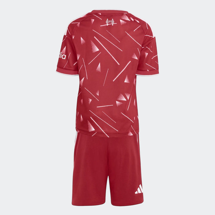 Back view of the Liverpool FC 26/27 Home Kids Set, featuring a red short-sleeve jersey with white patterns and matching red