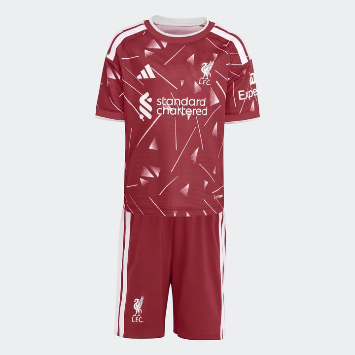 Red and white Liverpool FC 26/27 Home Kids Set, including a patterned jersey and matching shorts, with team crests and