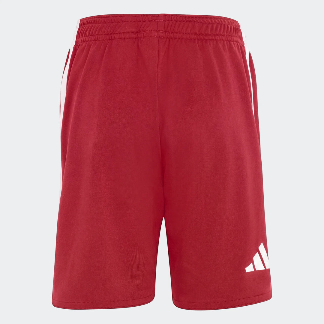 Red Adidas Liverpool FC 26/27 Home kids shorts with white side stripes and an elastic waist, shown on a white background.