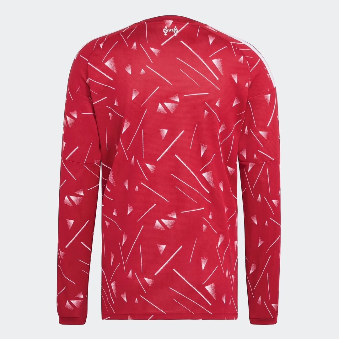 Liverpool FC 26/27 Home Long Sleeve Jersey for men, featuring a red base with white geometric patterns, shown from the back
