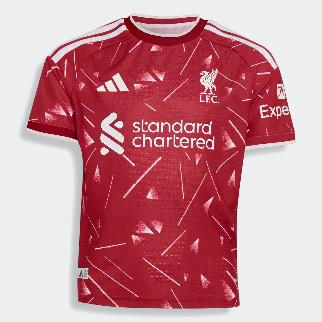Liverpool FC 26/27 Authentic Home Jersey Youth in red, short-sleeve front view with white geometric print and crest.