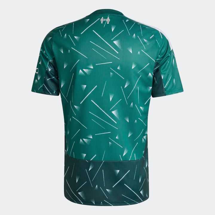 Back view of Liverpool FC 26/27 goalkeeper jersey in dark green with white geometric print and short sleeves.