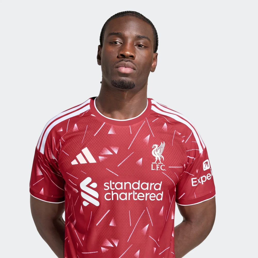 Liverpool FC 26/27 Home Jersey Authentic in red with white geometric print, short sleeves, front view crest.