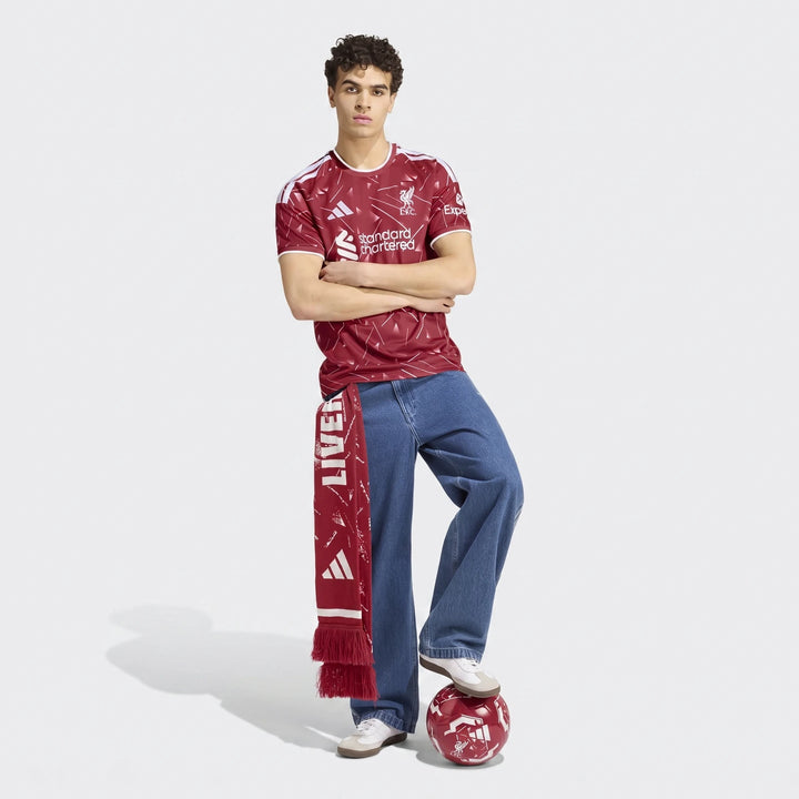 Liverpool FC 26/27 home jersey in deep red with white trim, short sleeves and club crest, front view.