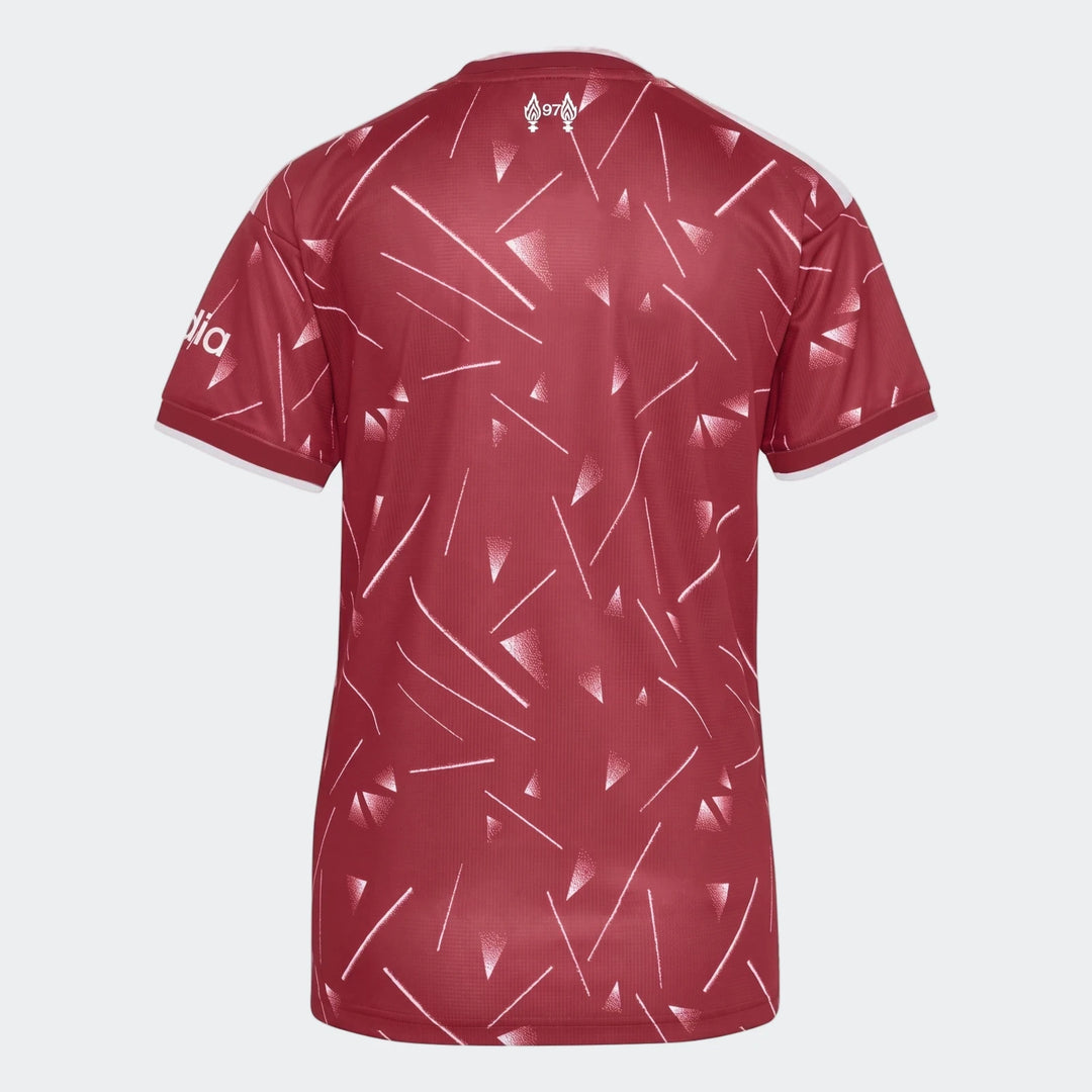 Back view of Liverpool FC 26/27 Home Jersey womens in red with white trim and geometric pattern