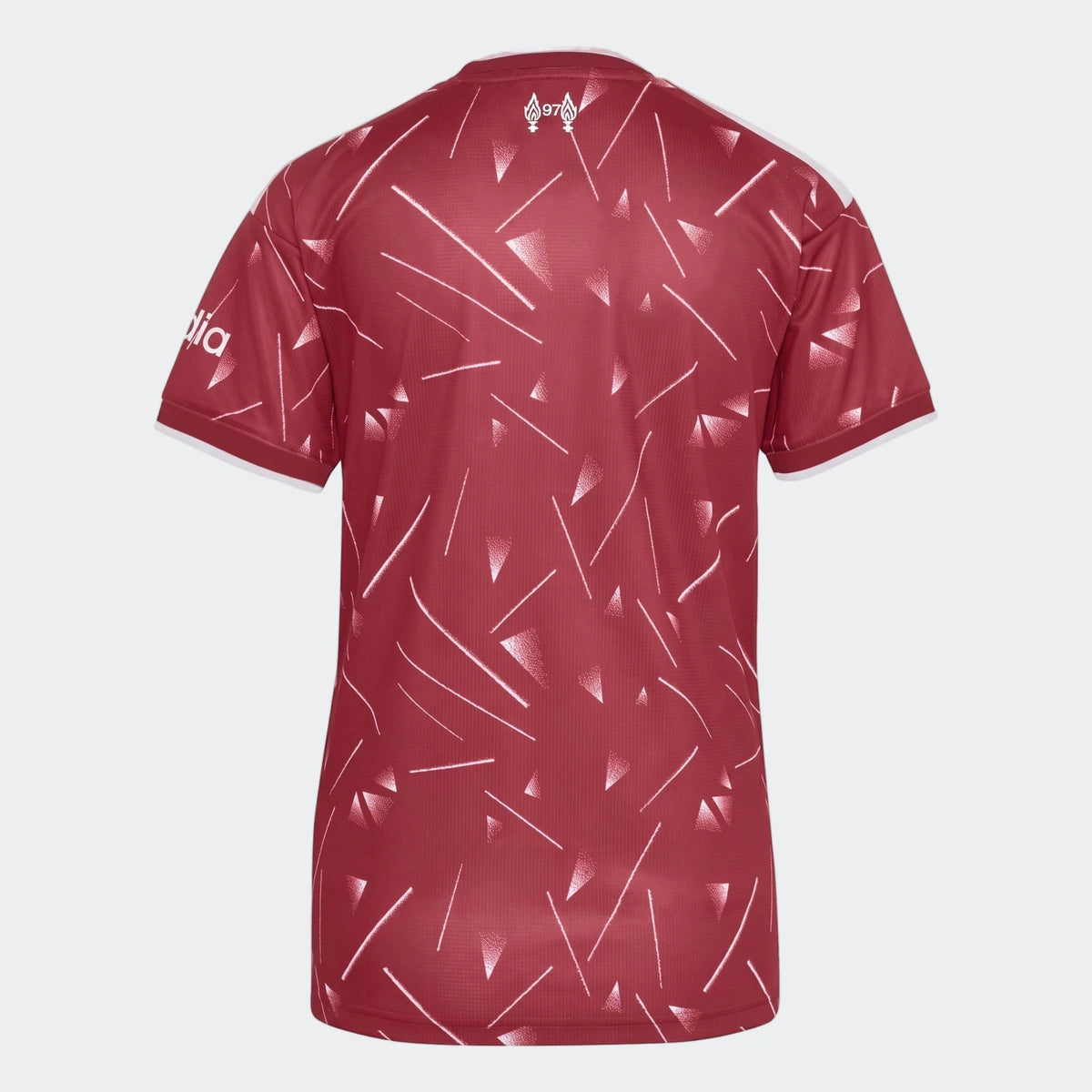 Back view of Liverpool FC 26/27 Home Jersey womens in red with white trim and geometric pattern