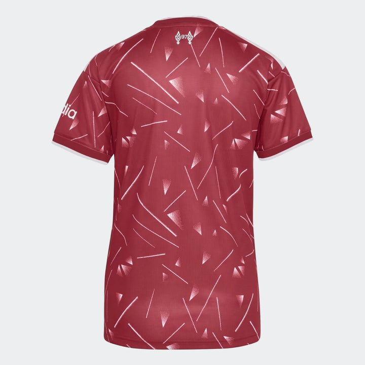 Back view of Liverpool FC 26/27 Home Jersey womens in red with white trim and geometric pattern