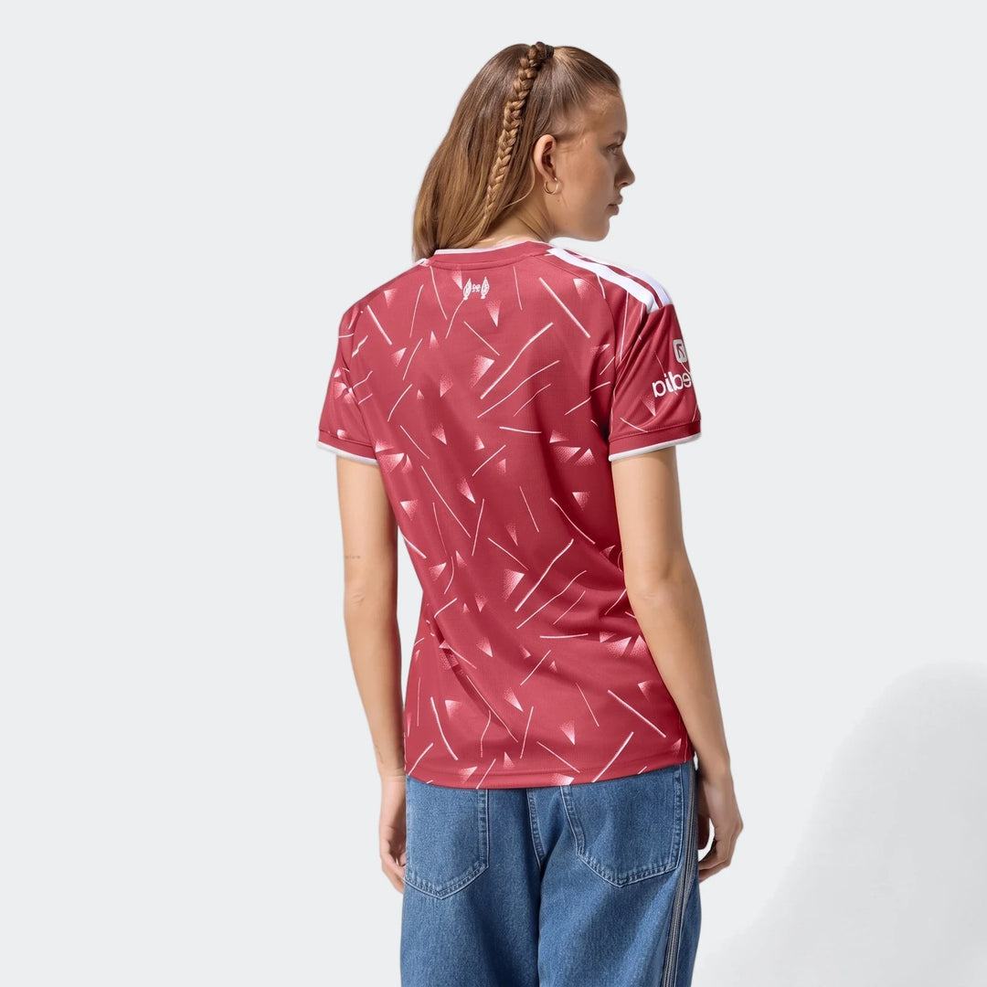 Liverpool FC 26/27 Home Jersey Women's in red with white shoulder stripes, back view showing patterned fabric.