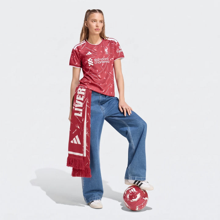 Liverpool FC 26/27 Home Jersey Women's in red with white trim, short sleeves, shown from front on model.