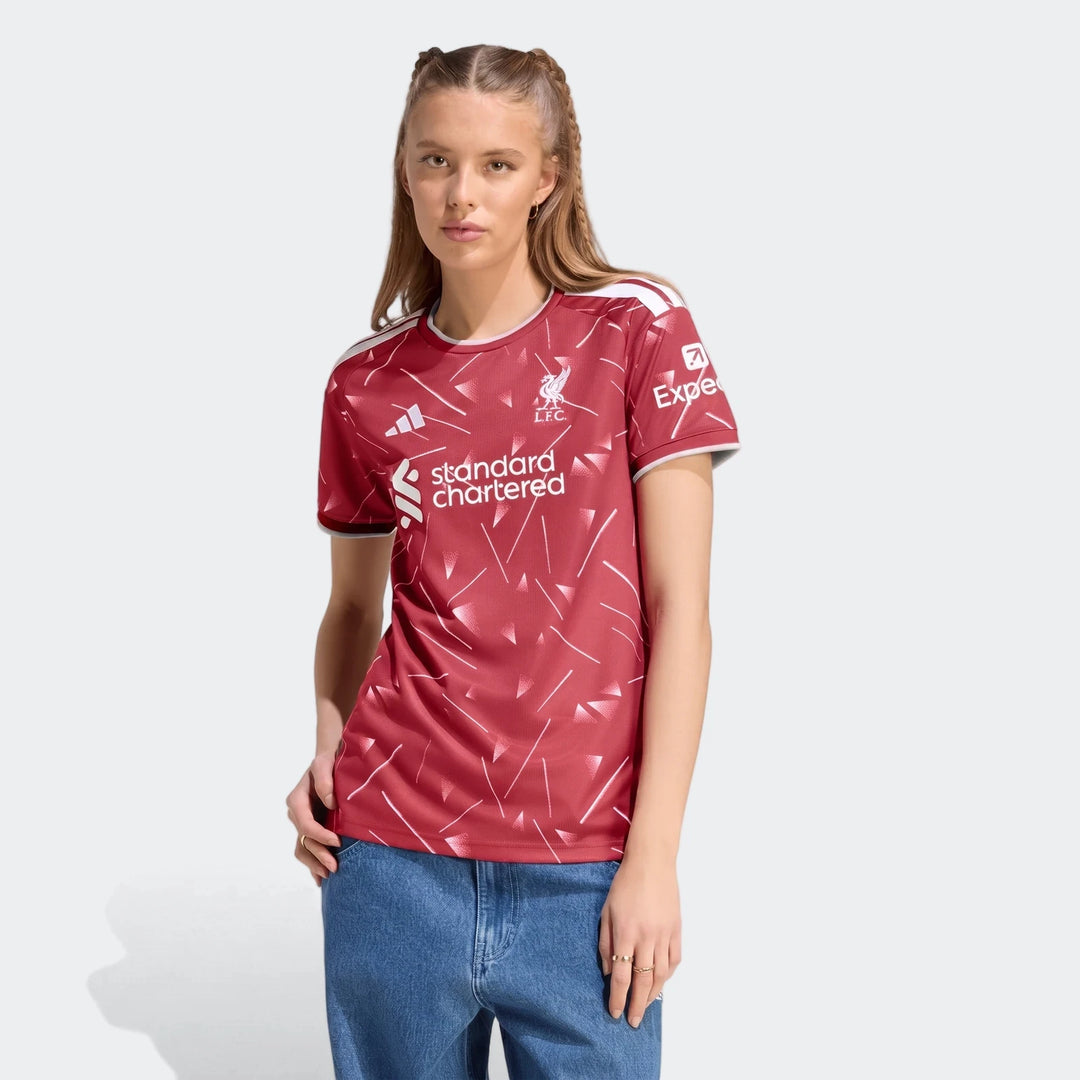 Liverpool FC 26/27 Home Jersey Women's in deep red, short sleeve football shirt with geometric print, front view.