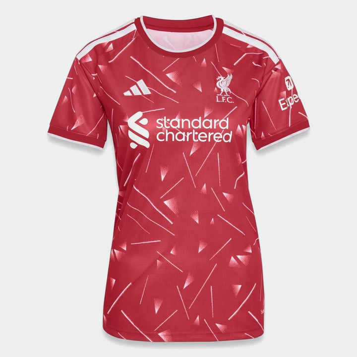 Liverpool FC 26/27 Home Jersey Women's in red with white trim, short sleeves and geometric pattern, front view