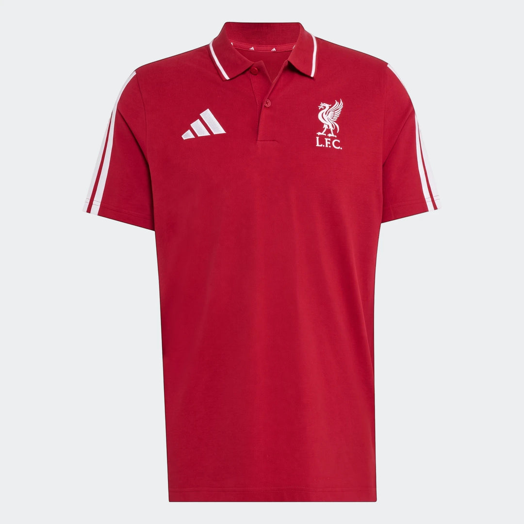 Liverpool FC DNA polo shirt in red with white club crest and Adidas logo on the chest for a sporty, classic look.