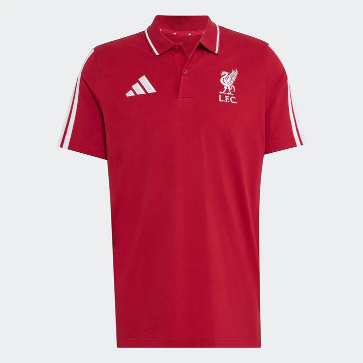 Liverpool FC DNA polo shirt in red with white club crest and Adidas logo on the chest for a sporty, classic look.