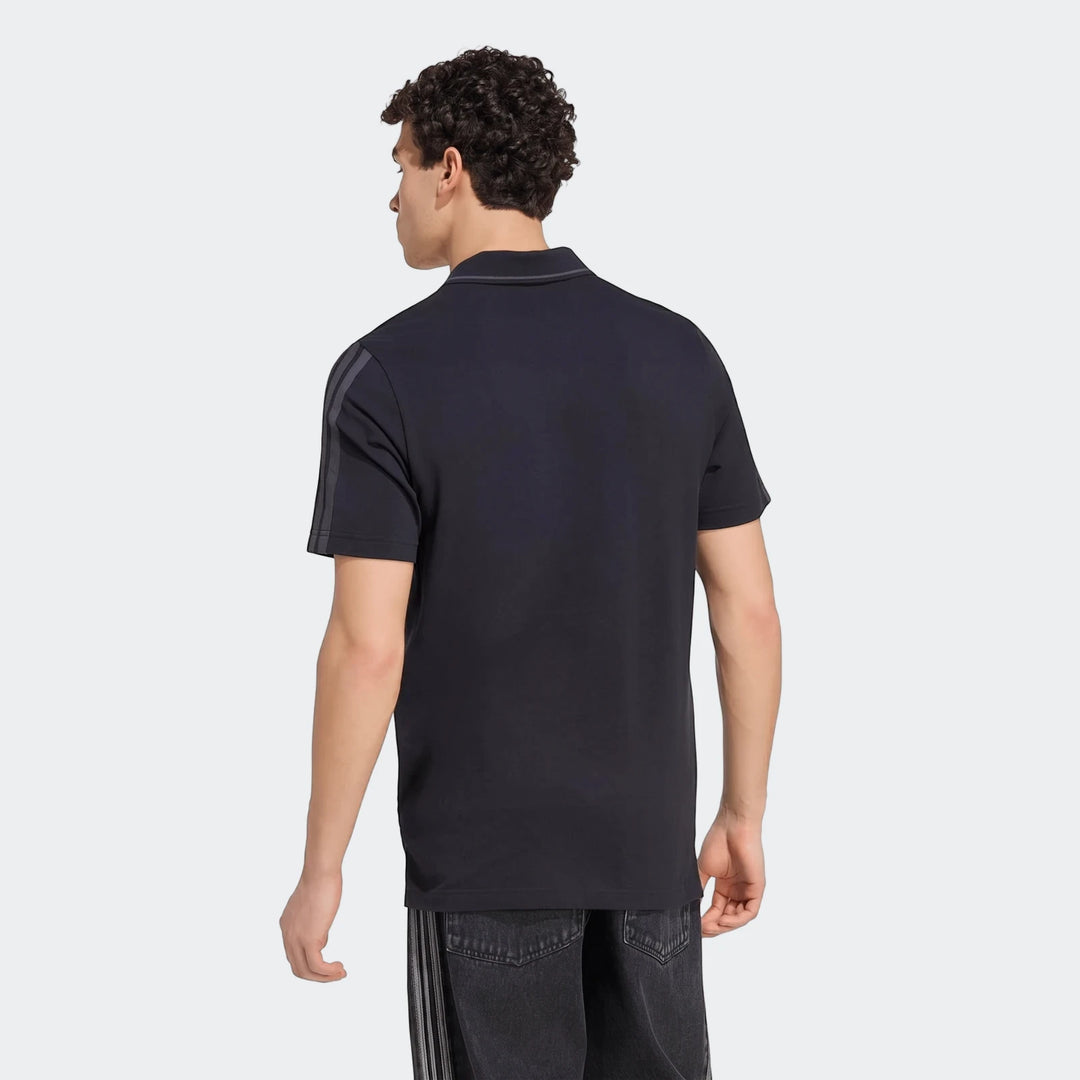 Dark navy Liverpool FC DNA Polo Shirt for men, featuring three stripes on the sleeves, shown from the back perspective.