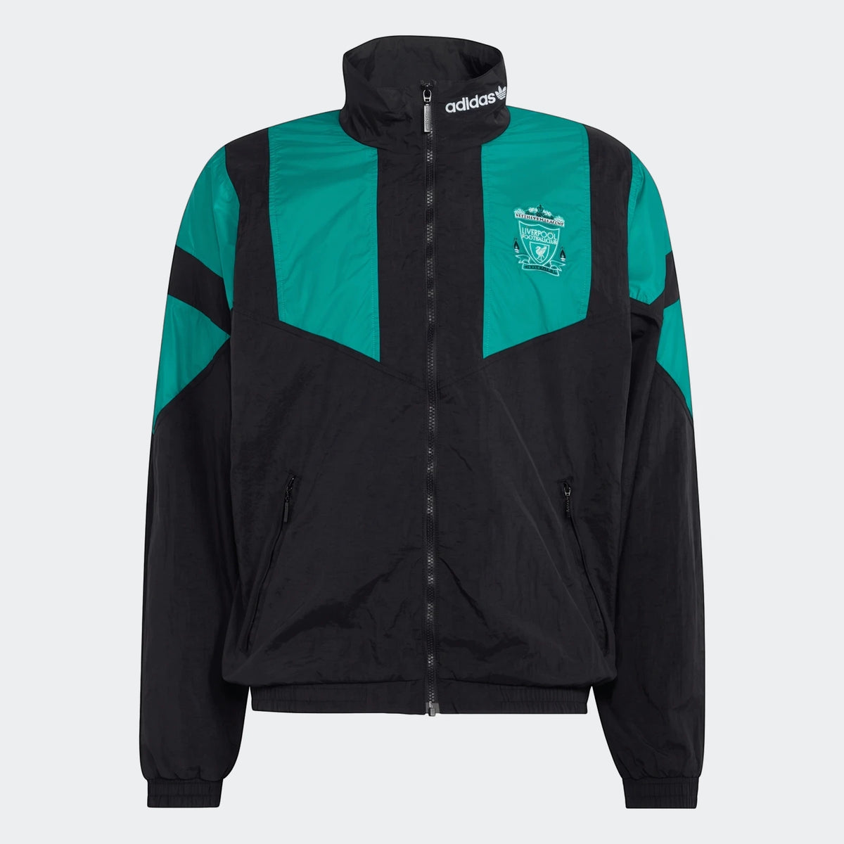 Liverpool Fc Eqt Track Top in black and teal, a full-zip track jacket with the club crest and Adidas logo on a white