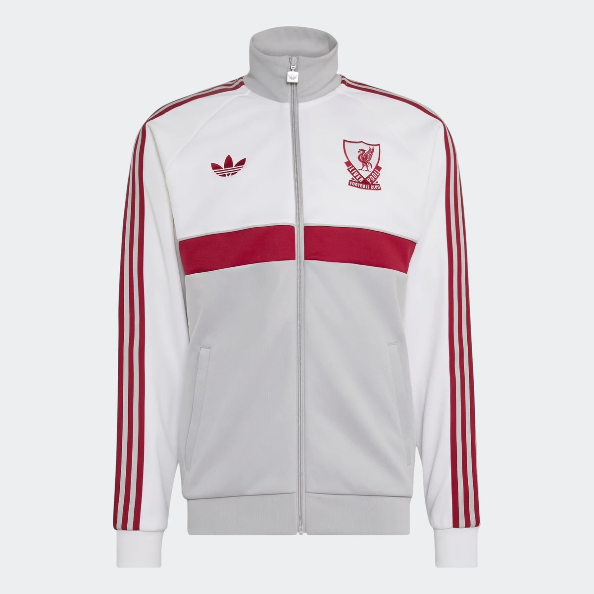 White, grey, and red Adidas Liverpool FC Originals Track Top, featuring a full-zip front and club crest.