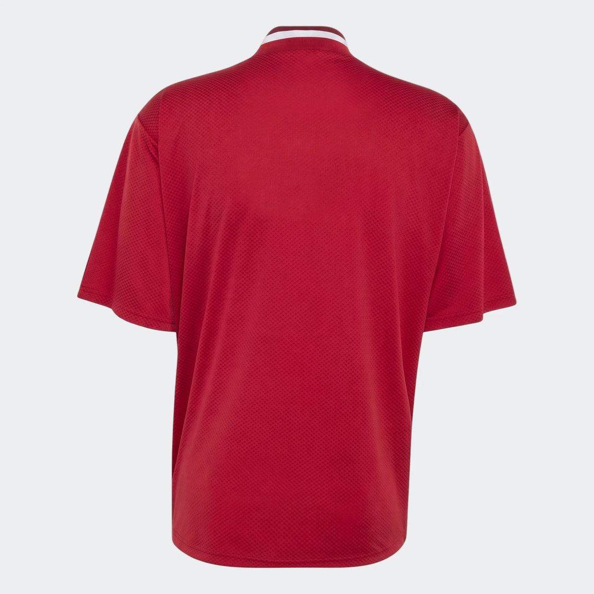 Back view of Liverpool FC Street Jersey in red textured fabric with short sleeves and a white striped collar.