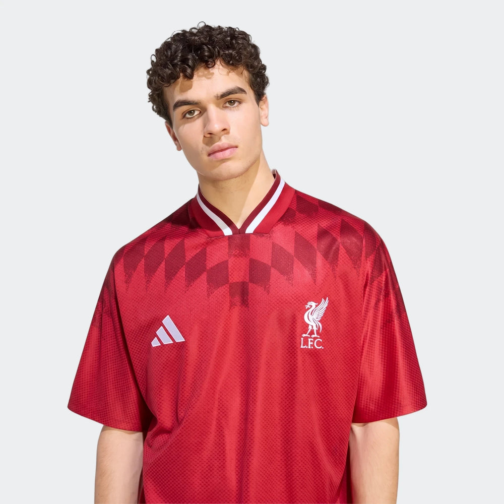 Liverpool FC Street Jersey in deep red with geometric pattern, V-neck trim and LFC crest, front view.