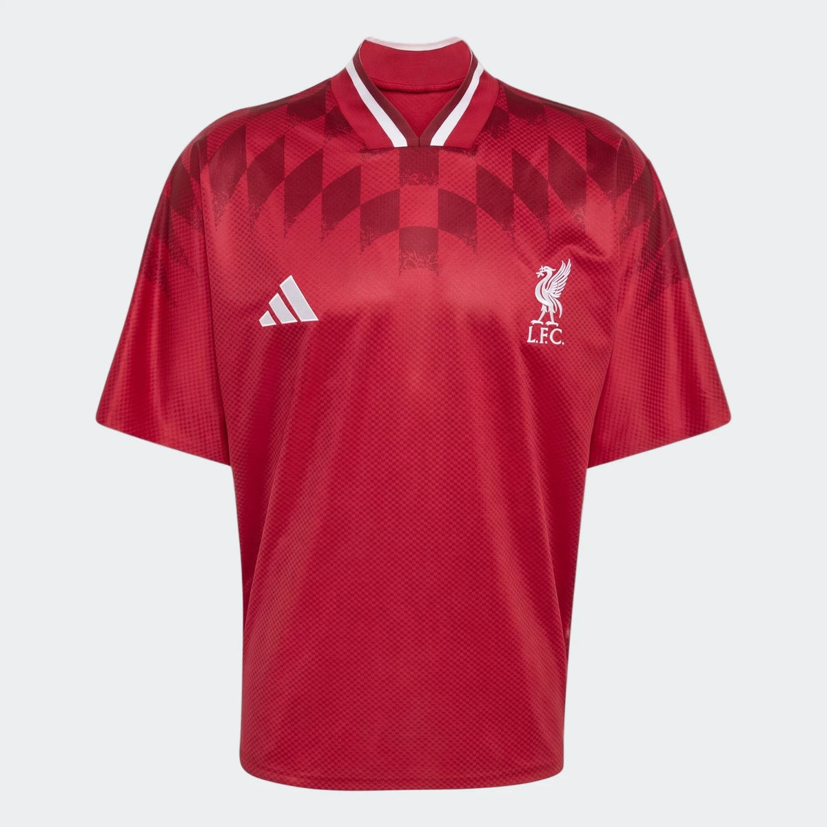 Liverpool FC Street Jersey in red, front view, short sleeves with white V-neck trim and LFC crest.