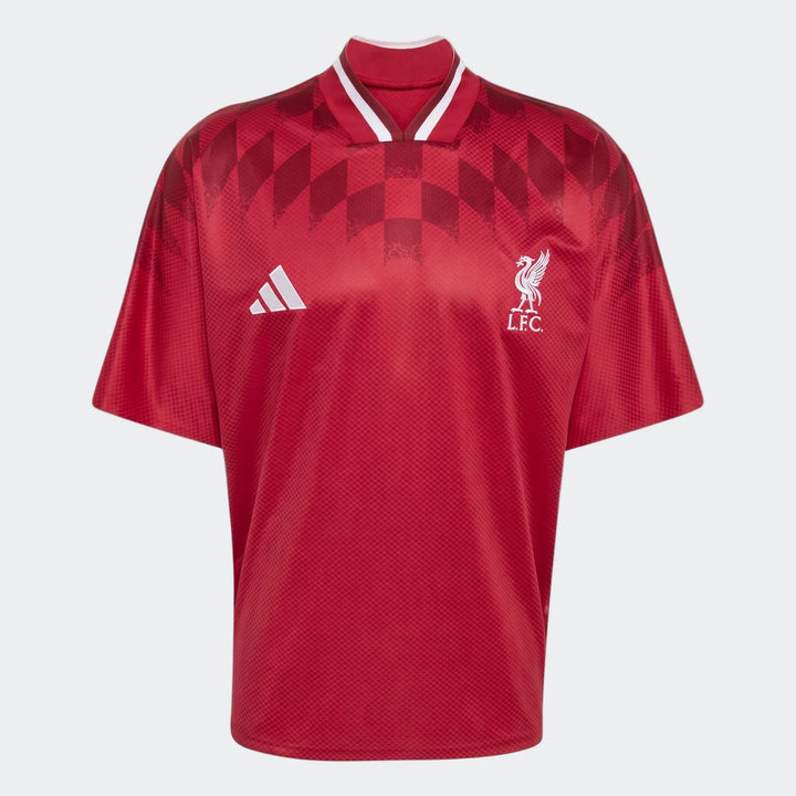 Liverpool FC Street Jersey in red, front view, short sleeves with white V-neck trim and LFC crest.