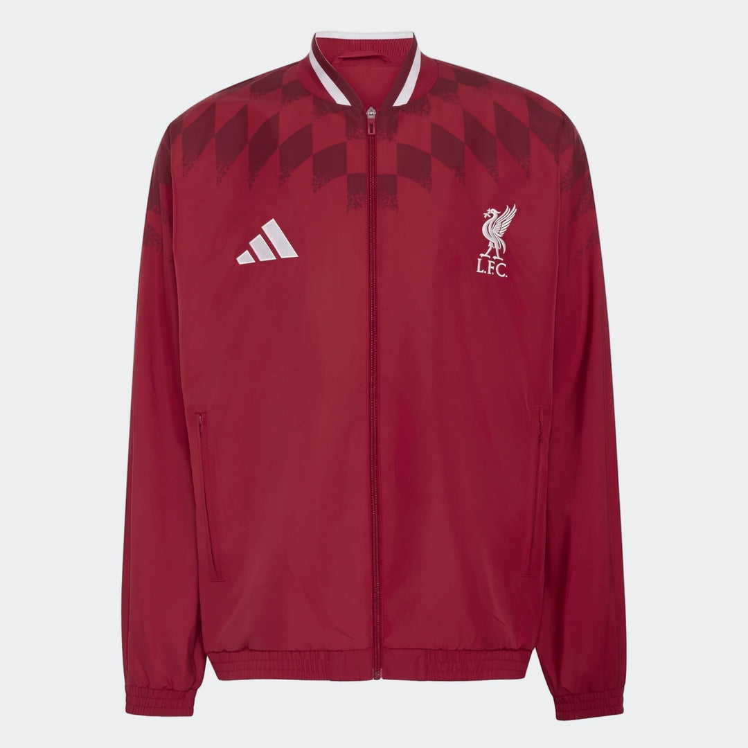 Liverpool FC Street Track Top in deep red, full zip jacket with ribbed collar and LFC crest on chest, front view