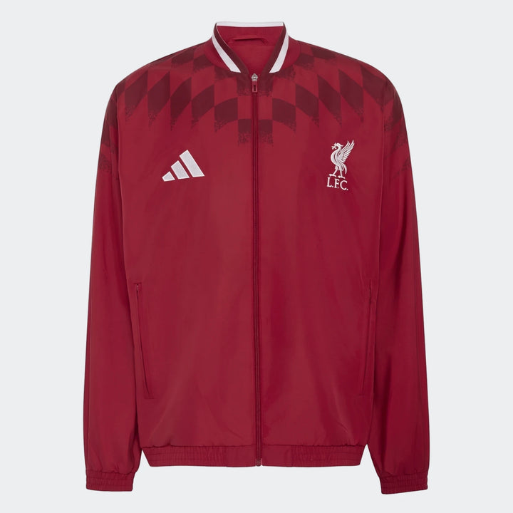 Liverpool FC Street Track Top in deep red, full zip jacket with ribbed collar and LFC crest on chest, front view