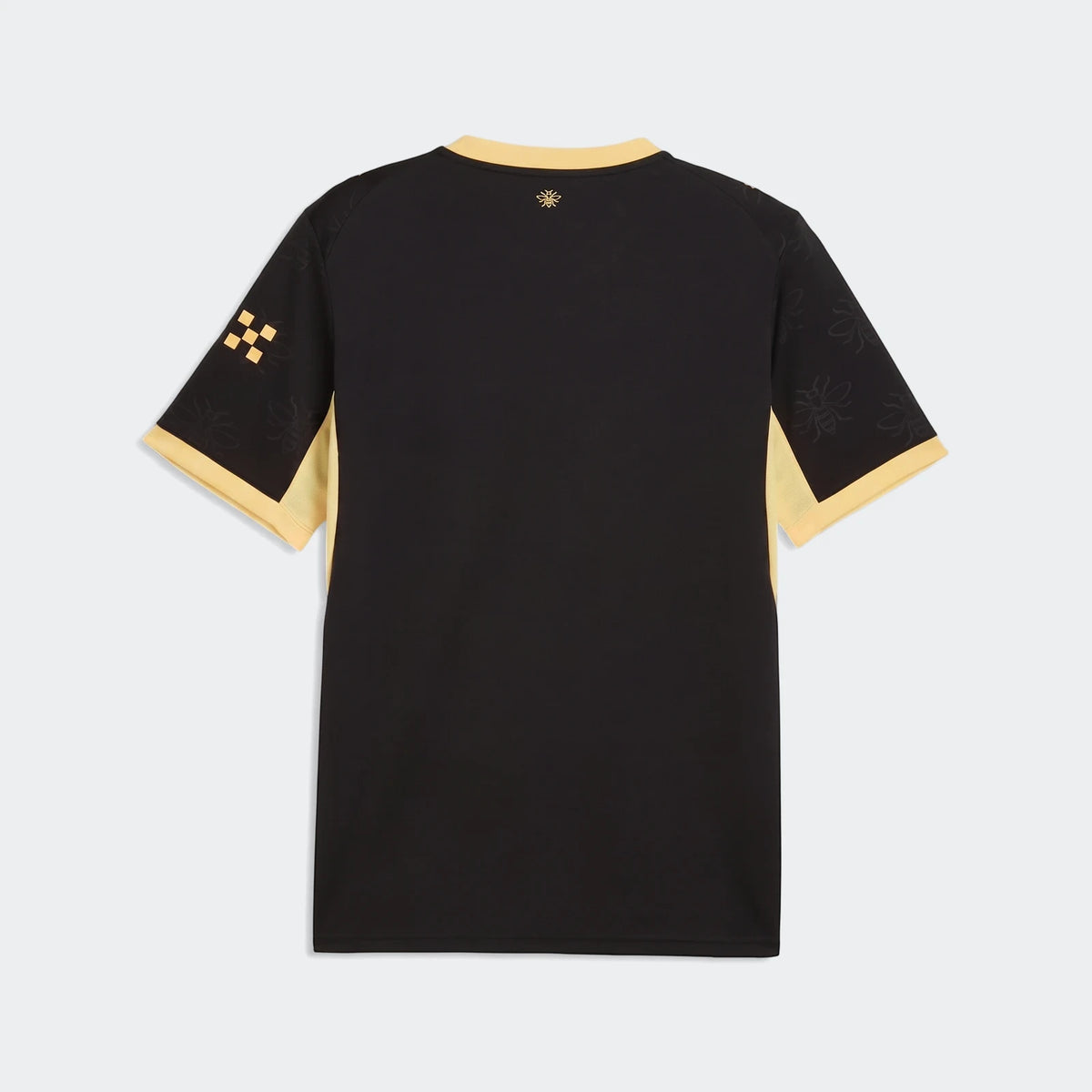 Men's Manchester City 26/27 Away Jersey, black with yellow trim, featuring subtle patterns and a checkerboard design, shown