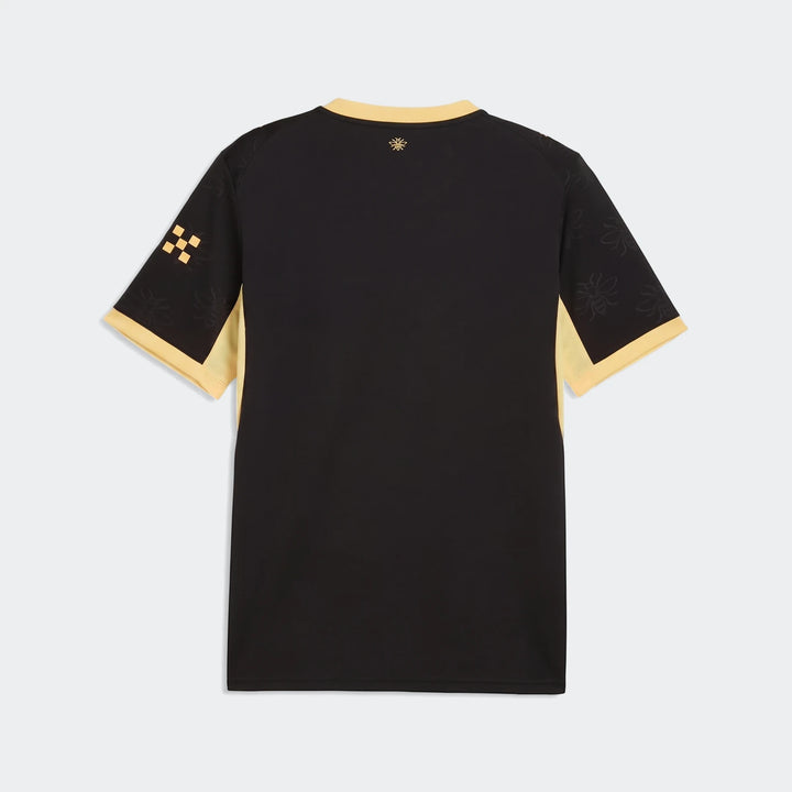 Men's Manchester City 26/27 Away Jersey, black with yellow trim, featuring subtle patterns and a checkerboard design, shown
