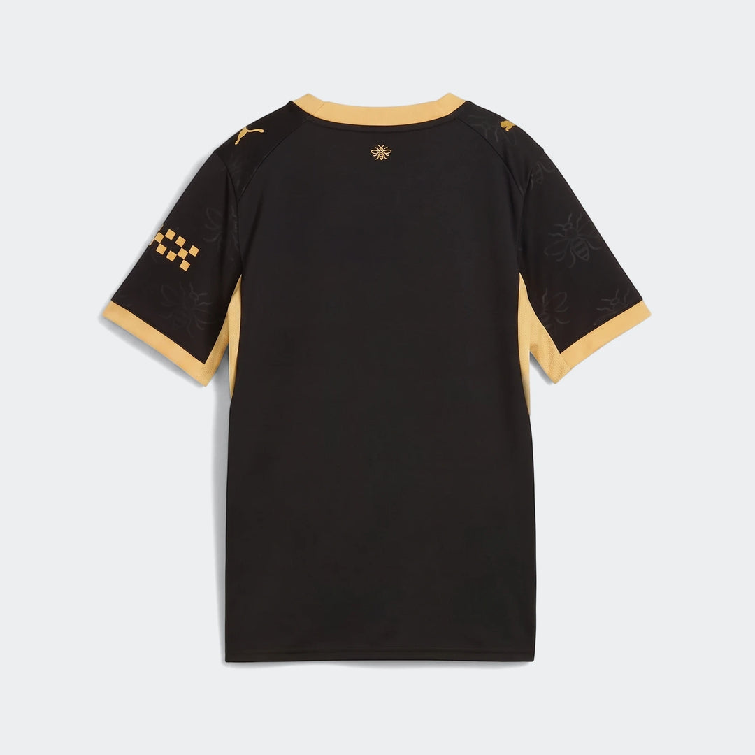 Back view of the Manchester City 26/27 Away Youth Jersey, black with gold trim, bee pattern, and checkerboard details.