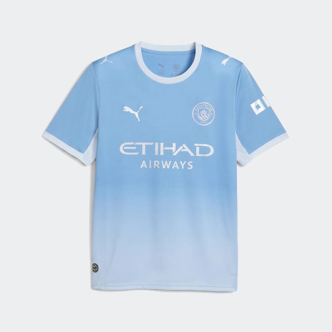Men's Manchester City 26/27 Home Jersey, light blue gradient short-sleeve soccer shirt with club crest and sponsor logos.