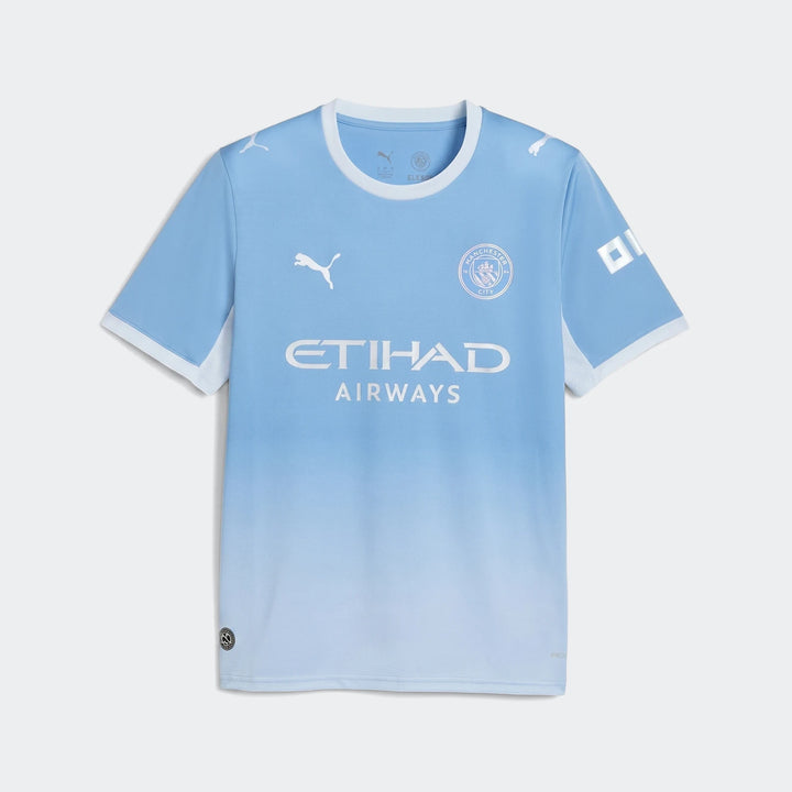 Men's Manchester City 26/27 Home Jersey, light blue gradient short-sleeve soccer shirt with club crest and sponsor logos.