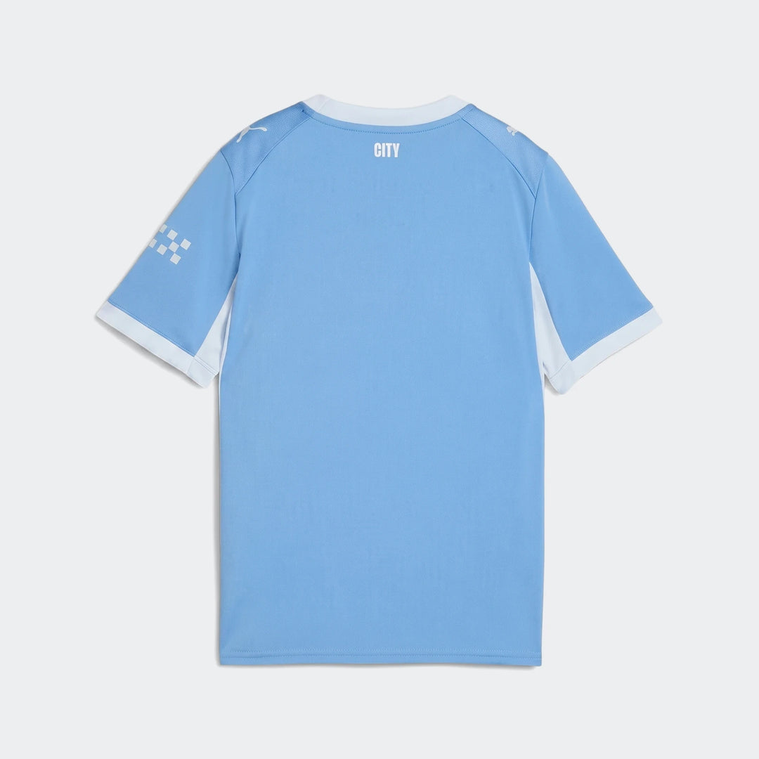Light blue Manchester City 26/27 Home Jersey Youth, shown from the back, with white trim, 'CITY' branding, and sleeve detail.